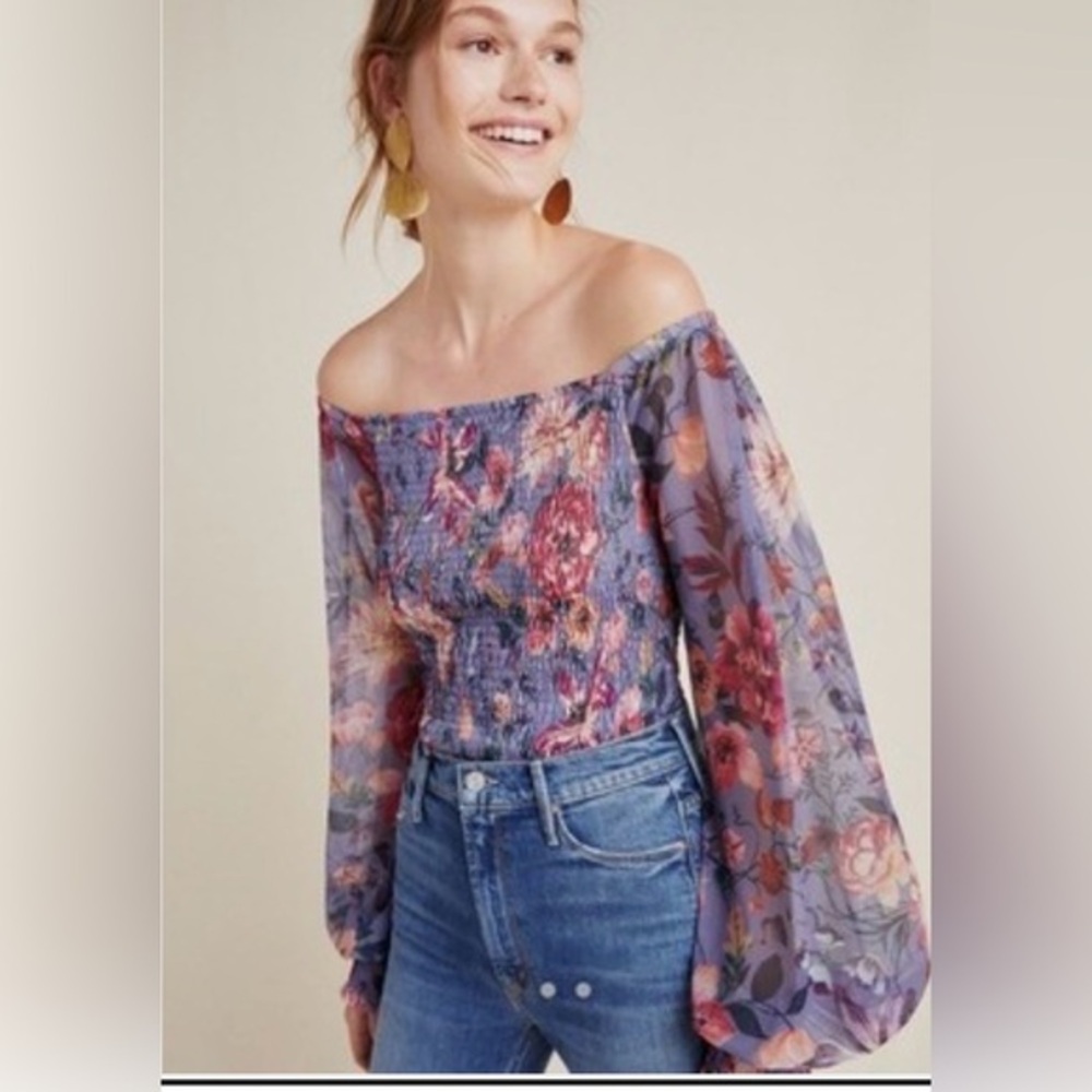 Anthropologie Off Shoulder Floral Smocked Blouse Size S